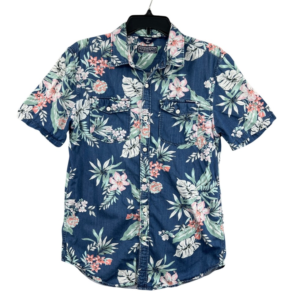Superdry Blue Floral Tropical‎ Chambray Button Down Shirt Size M Camp Hawaiian